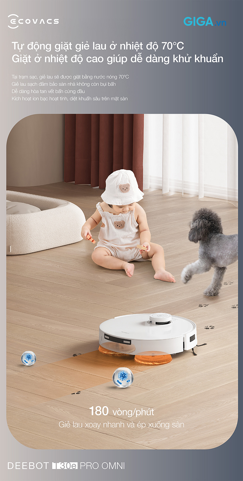 robot hút bụi lau nhà Deebot T30e Pro Omni tự động giặt giẻ lau bằng nước nóng 70°C.