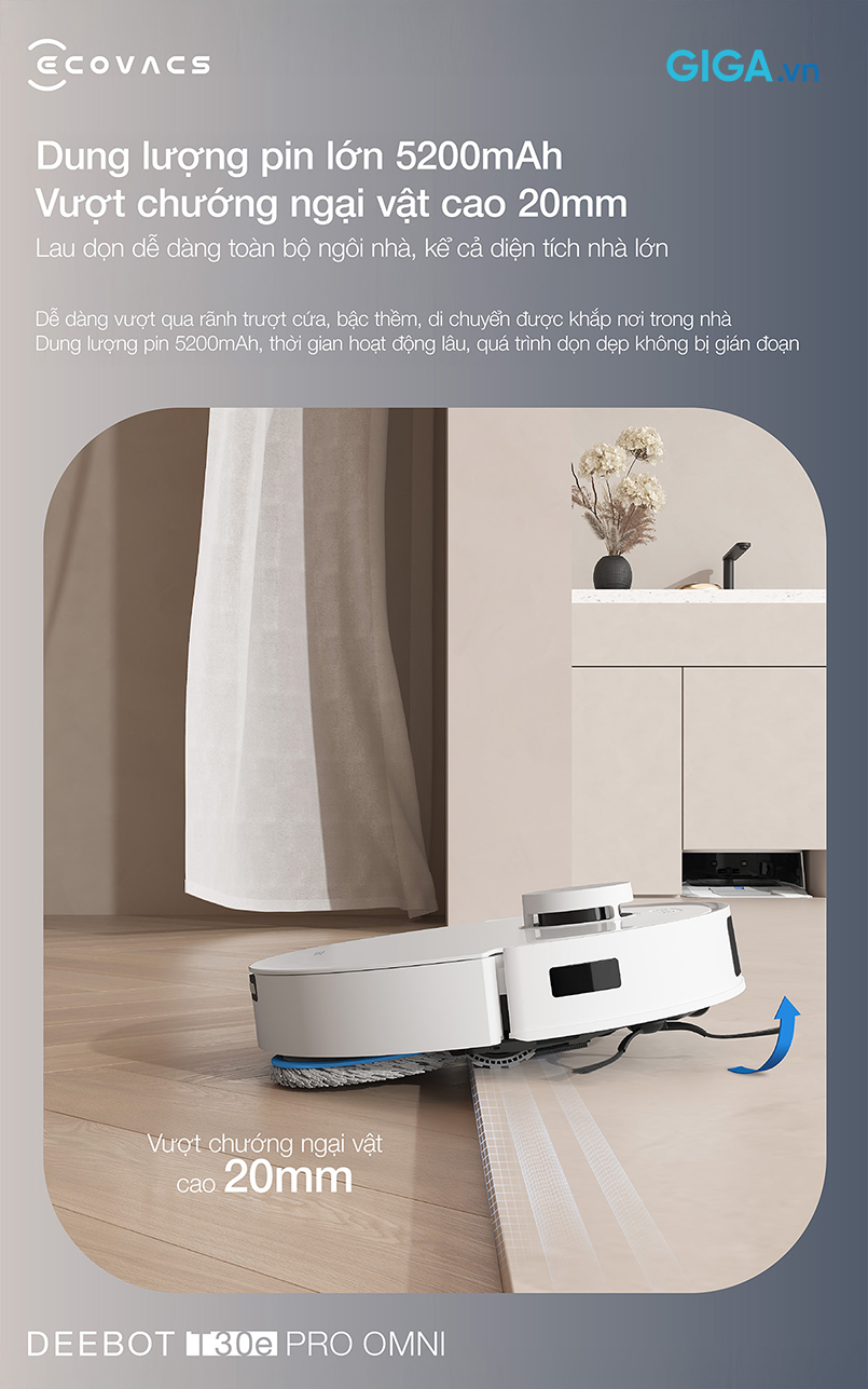 robot hút bụi Ecovacs Deebot T30e Pro Omni làm sạch mọi ngóc ngách nhờ pin khủng 5200mAh