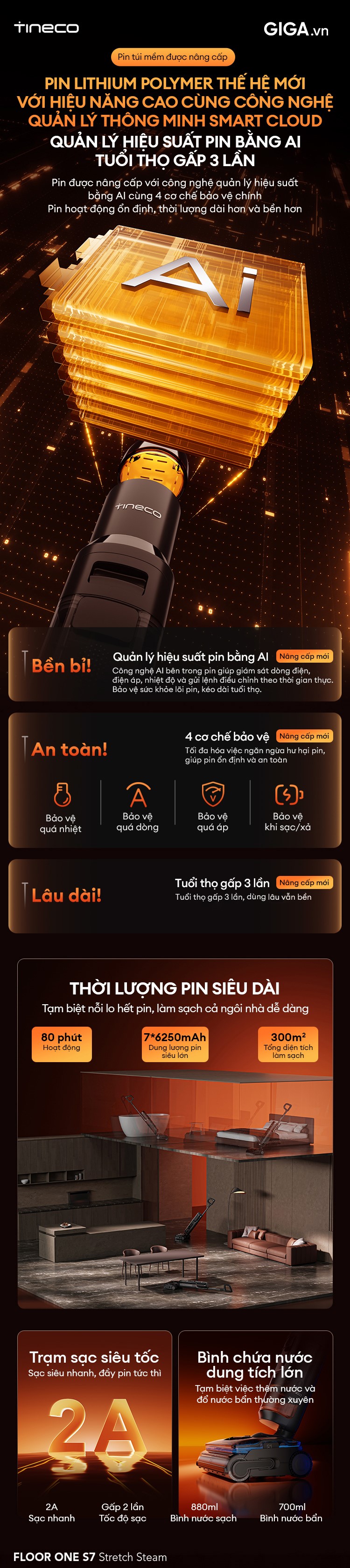 máy hút bụi lau sàn Tineco S7 Stretch Steam thời gian hoạt động lên đến 80 phút, làm sạch toàn bộ ngôi nhà