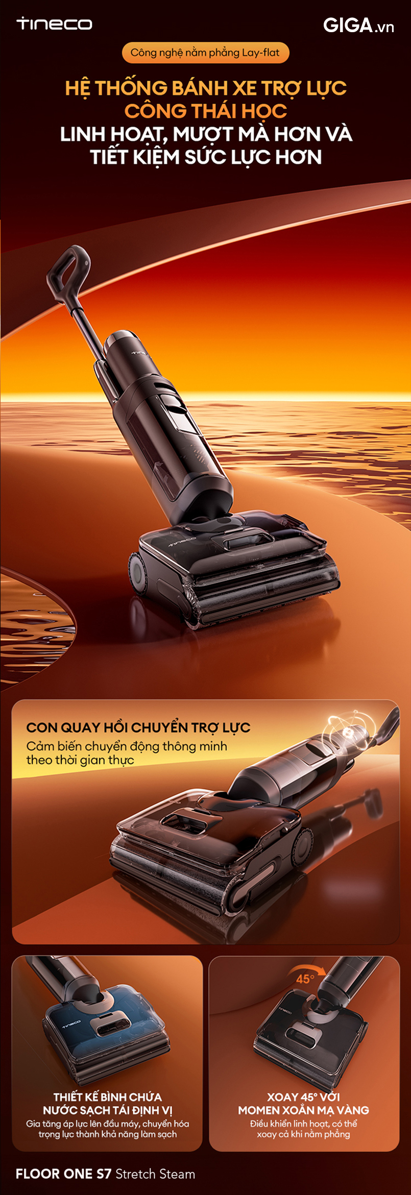 Tineco FLOOR ONE S7 Stretch Steam mang đến trải nghiệm làm sạch 360° dễ dàng và nhẹ nhàng nhờ công nghệ SmoothDrive. 