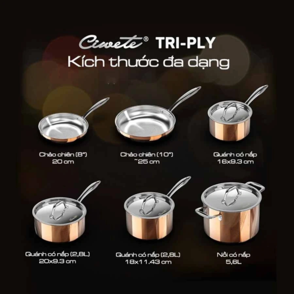Bộ nồi inox cao cấp Ciwete 6 món màu đồng SS1503-10PC