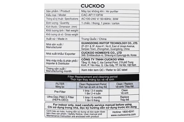 Máy Lọc Không Khí Cuckoo CAC-AF1110FW/WHCKV