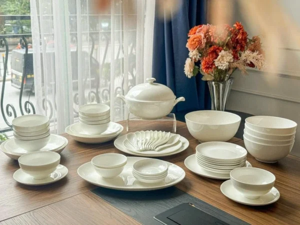 Bộ Bát Đĩa Sứ Xương Trắng Trơn Cao Cấp