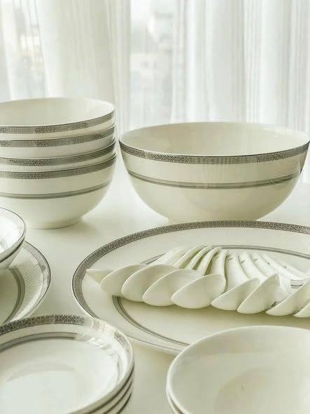 Bộ Bát Đĩa Sứ Xương Trắng Viền Bạch Kim