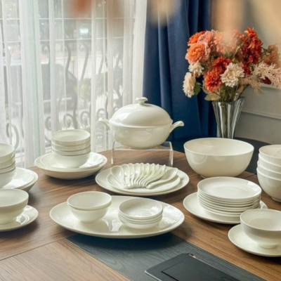Bộ Bát Đĩa Sứ Xương Trắng Trơn Cao Cấp
