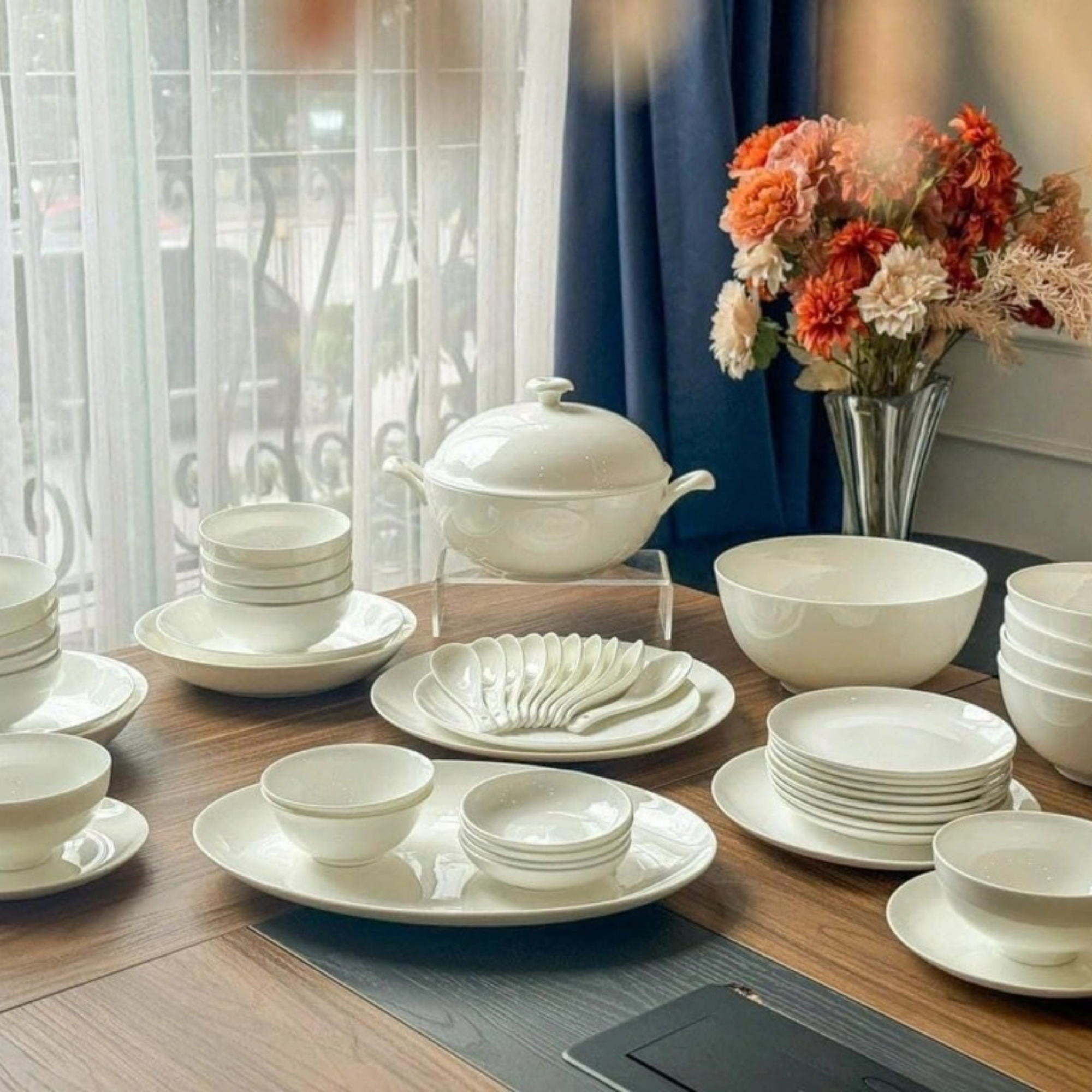 Bộ Bát Đĩa Sứ Xương Trắng Trơn Cao Cấp