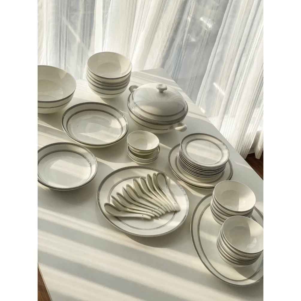 Bộ Bát Đĩa Sứ Xương Trắng Viền Bạch Kim