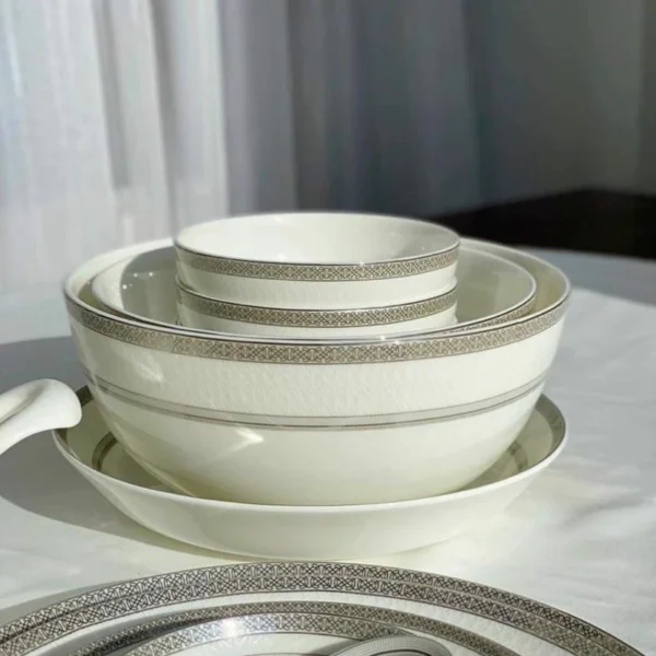 Bộ Bát Đĩa Sứ Xương Trắng Viền Bạch Kim